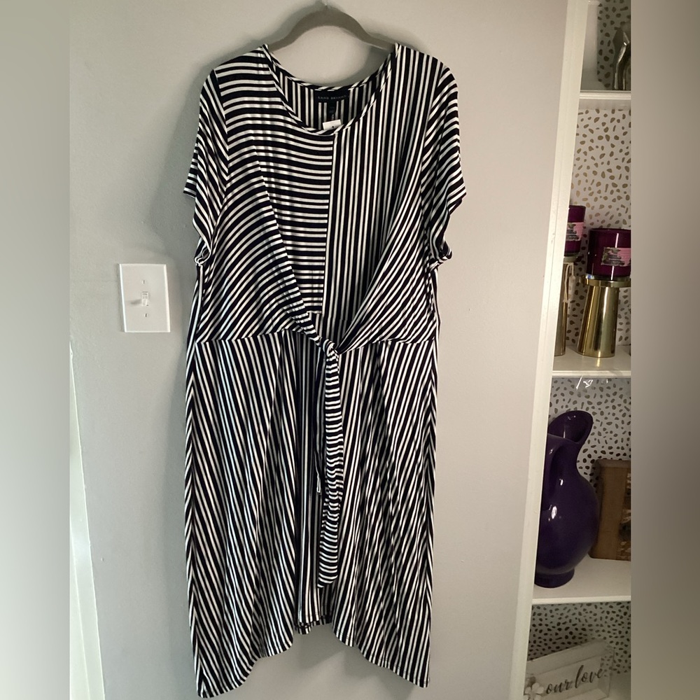 Lane Bryant black and white striped front tie dress.